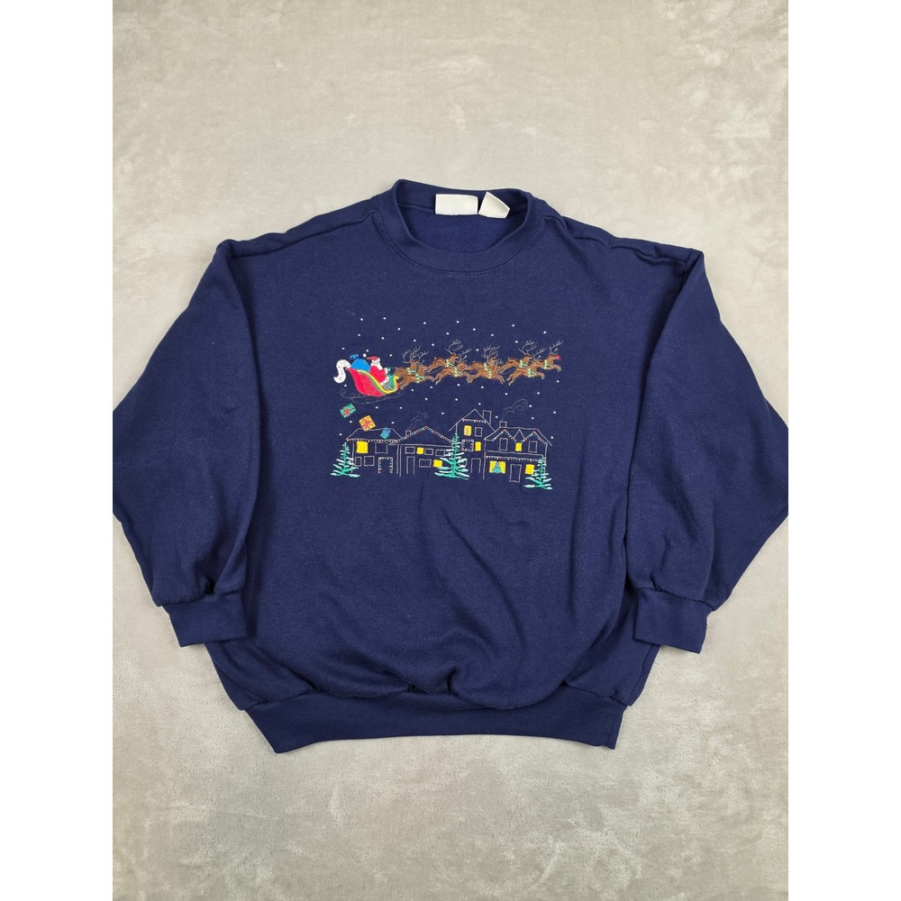 Vintage Basic Editions Holiday Sweatshirt Women L Blue Santa Reindeer Christmas